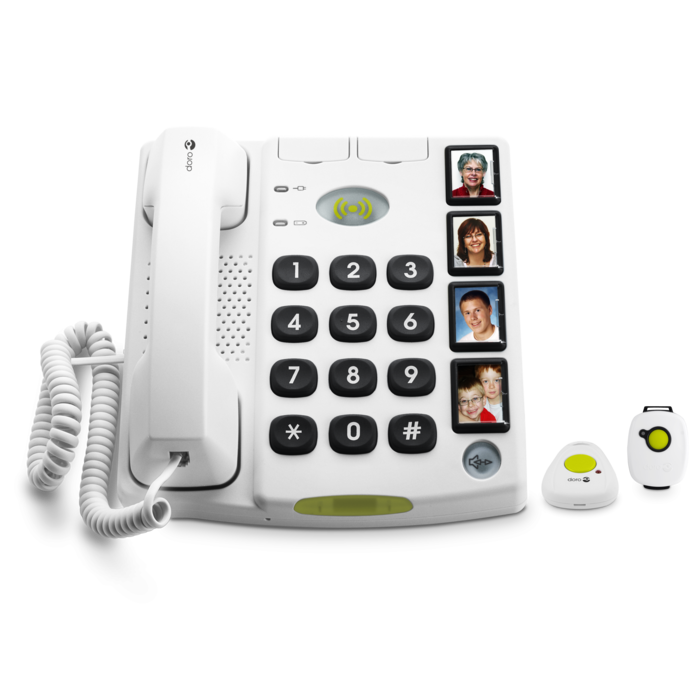 Loud telephone with linked neck- and wrist alarm