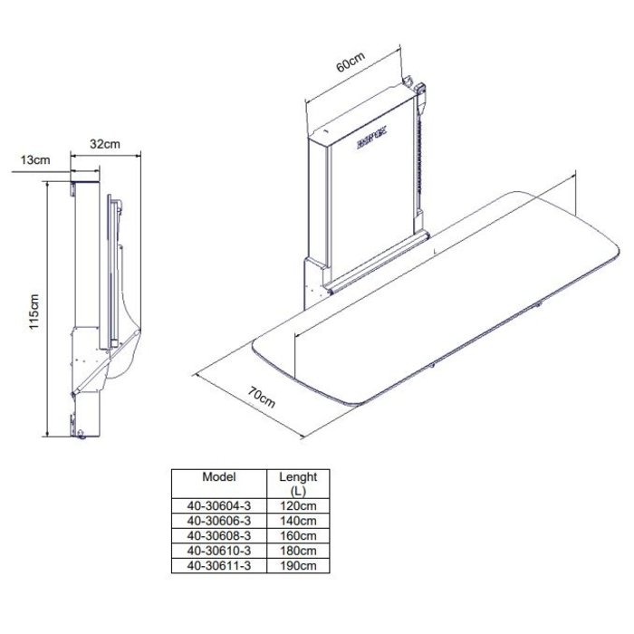 Folding nursing table for wall mounting Ropox Vario, electrically height adjustable