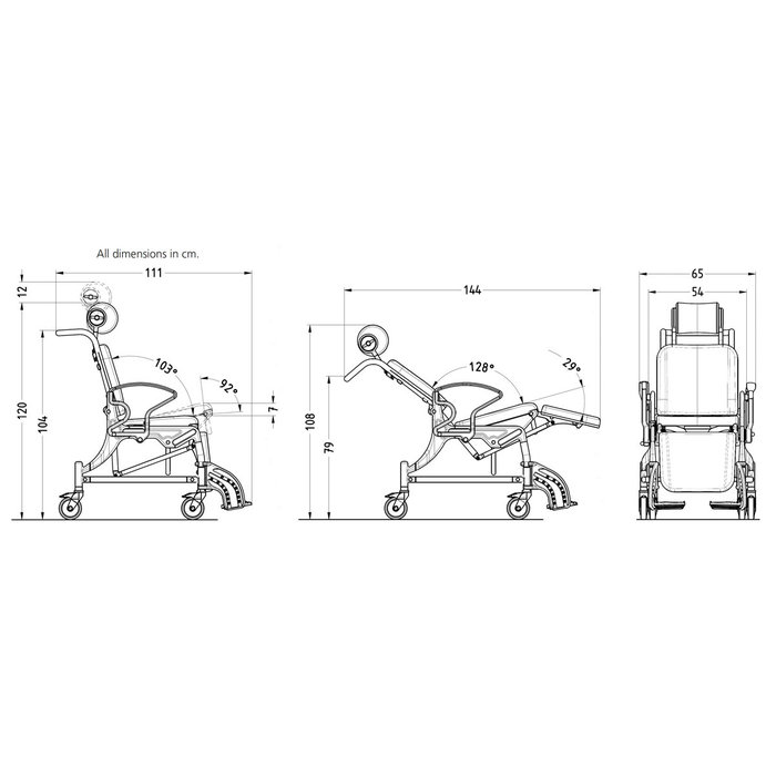 Fauteuil roulant WC/douche inclinable