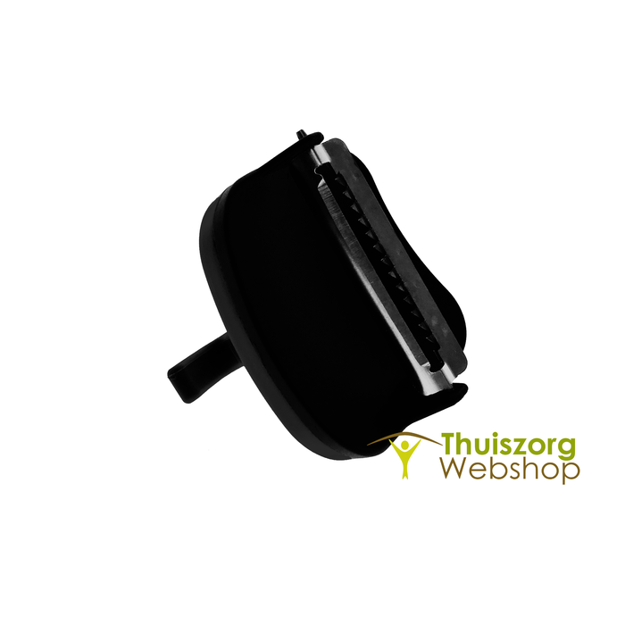 Ergonomic finger-grip peeler with straight or serrated cutting blades