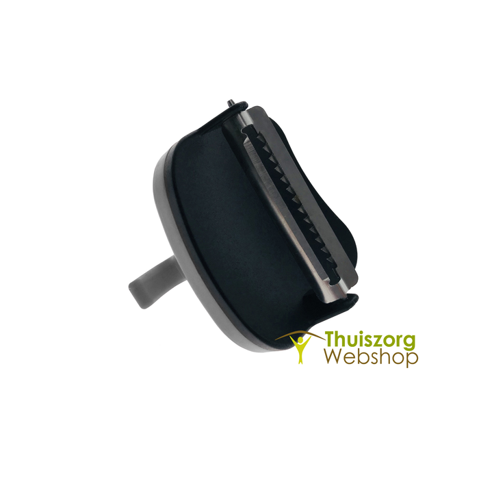 Ergonomic finger-grip peeler with straight or serrated cutting blades