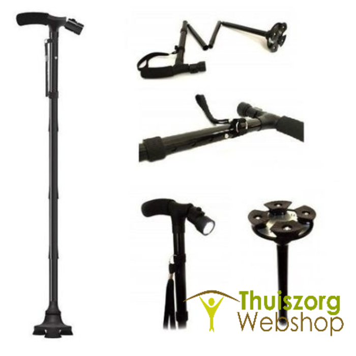 Foldable walking stick with stabilizer and light