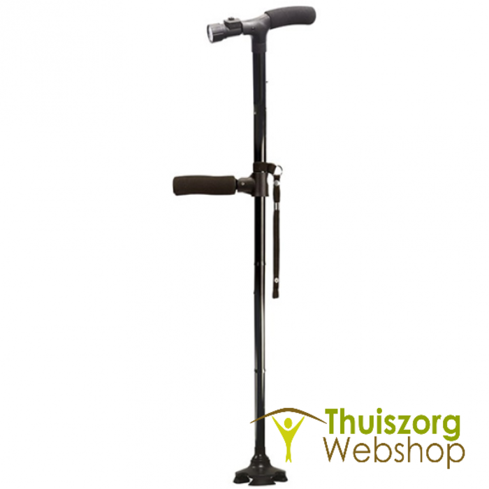 Foldable walking stick with stabilizer and light