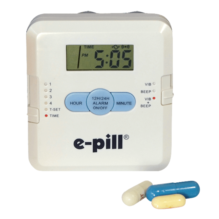Pill box with 4 sound and/or vibration alarms and 4 medicine compartments. E-pill