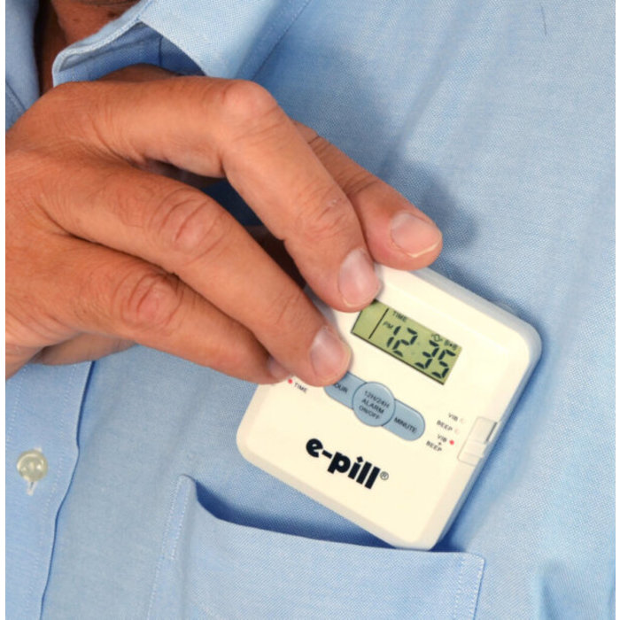 Pill box with 4 sound and/or vibration alarms and 4 medicine compartments. E-pill