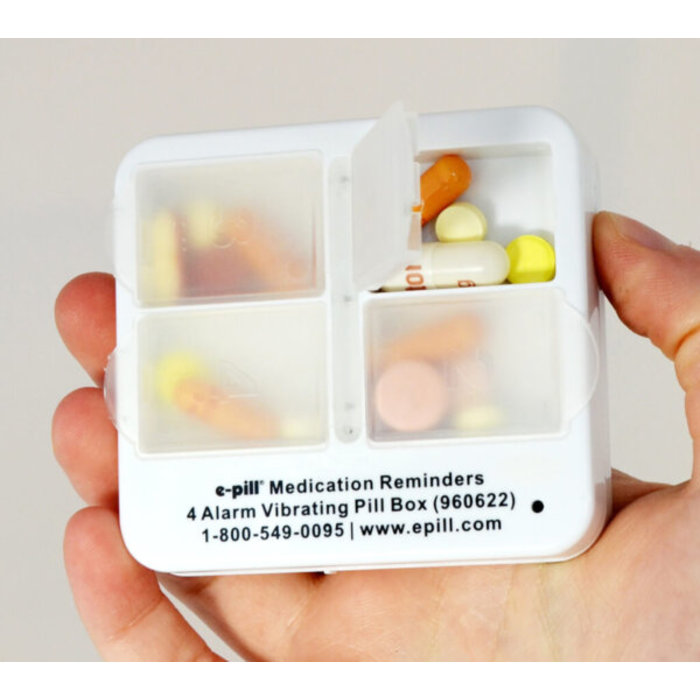 Pill box with 4 sound and/or vibration alarms and 4 medicine compartments. E-pill