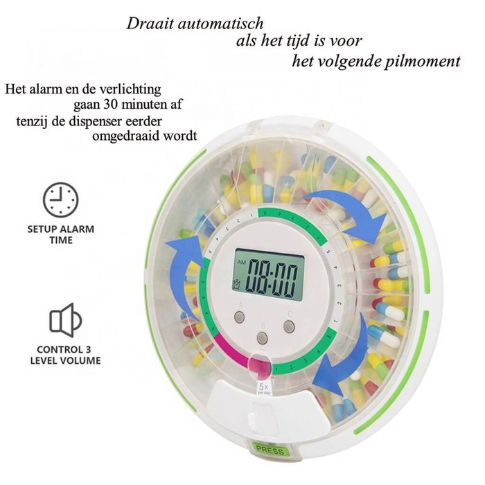 Secured Automatic medicine carousel with 6x alarm.