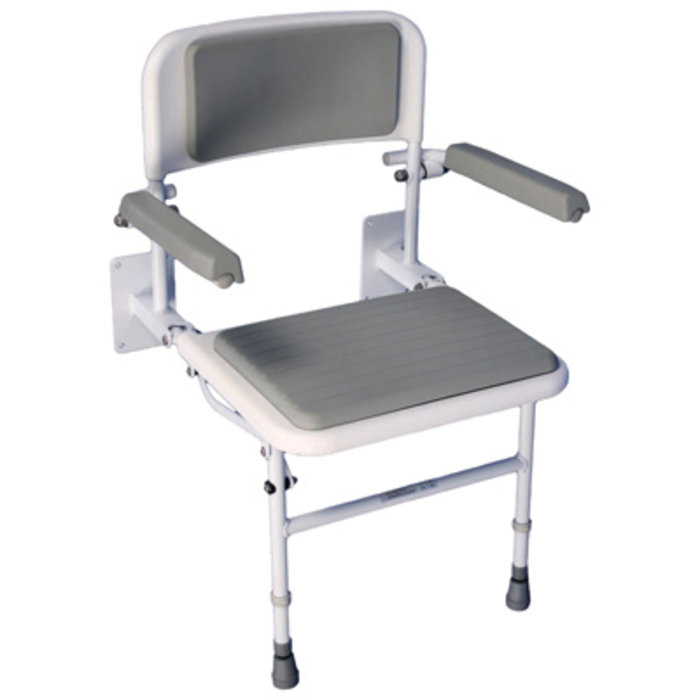 Shower seat for wall mounting and floor support with arm and backrest