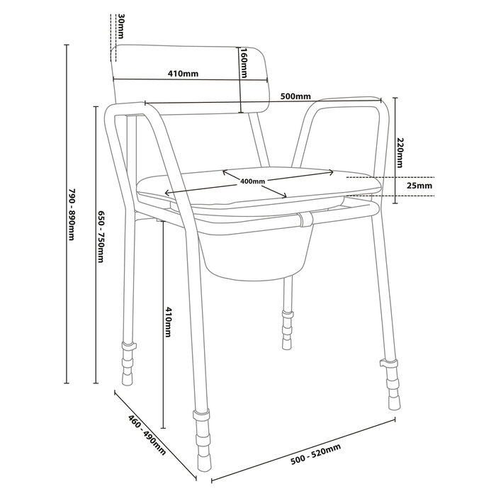 Freestanding, height-adjustable stackable commode chair with padded backrest and top seat.