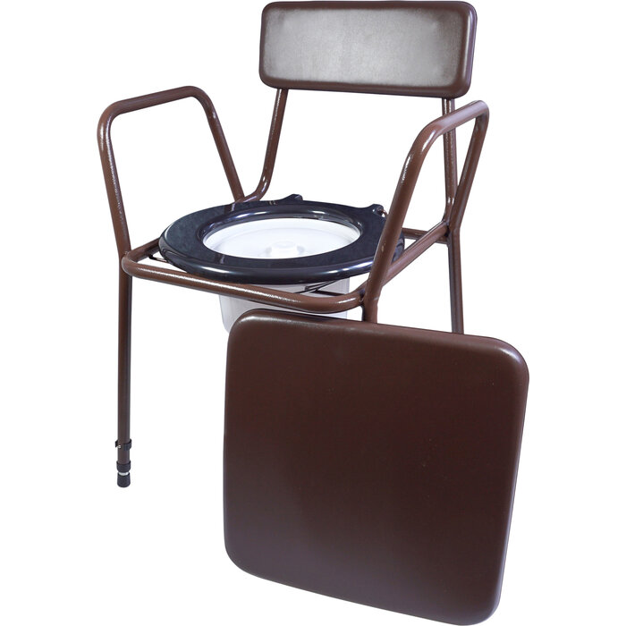 Freestanding, height-adjustable stackable commode chair with padded backrest and top seat.