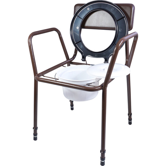 Freestanding, height-adjustable stackable commode chair with padded backrest and top seat.
