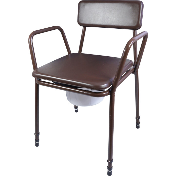 Freestanding, height-adjustable stackable commode chair with padded backrest and top seat.
