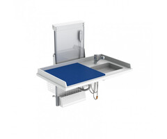 Wall-mounted electrically height-adjustable care table with washbasin