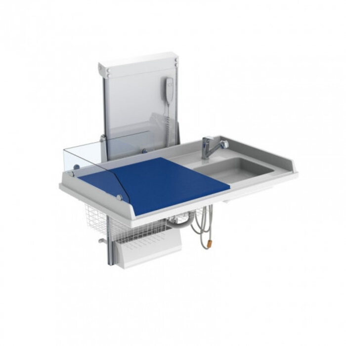 Wall-mounted electrically height-adjustable care table with washbasin