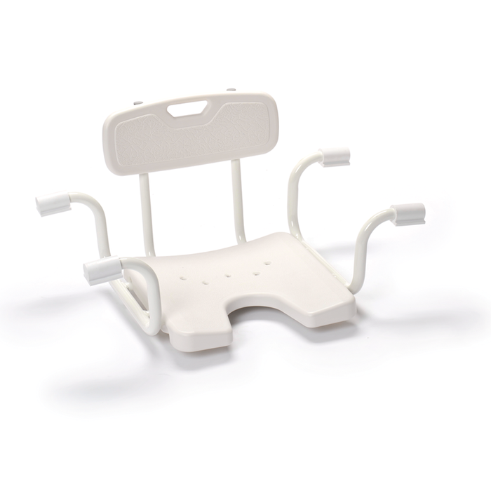 Adjustable hanging bath seat with backrest and recess