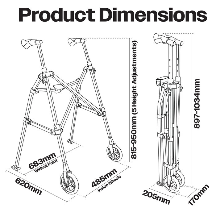 Foldable walking frame on wheels