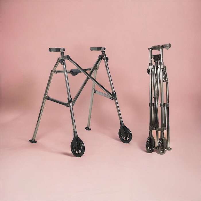 Foldable walking frame on wheels