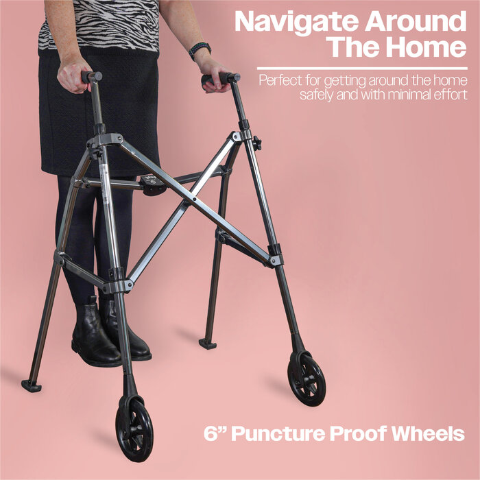 Foldable walking frame on wheels