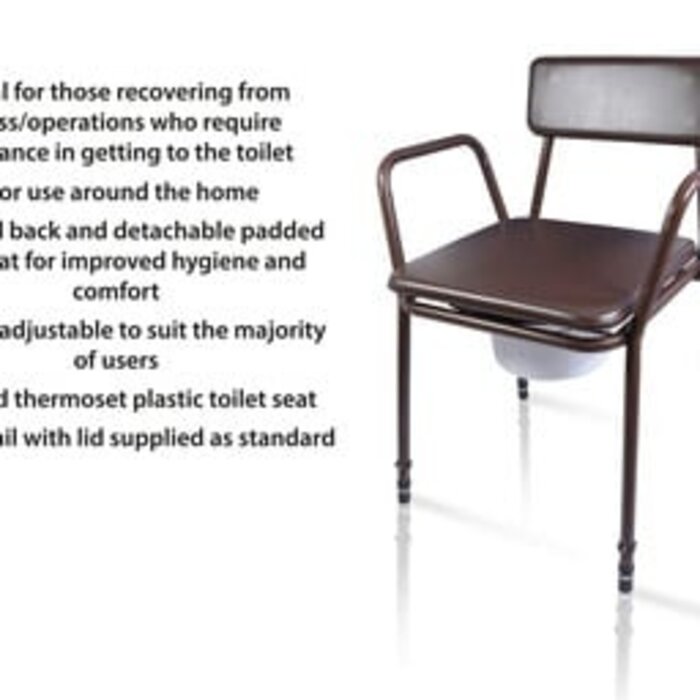 Freestanding, height-adjustable stackable commode chair with padded backrest and top seat.