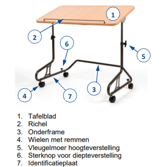 Inclinable table on wheels