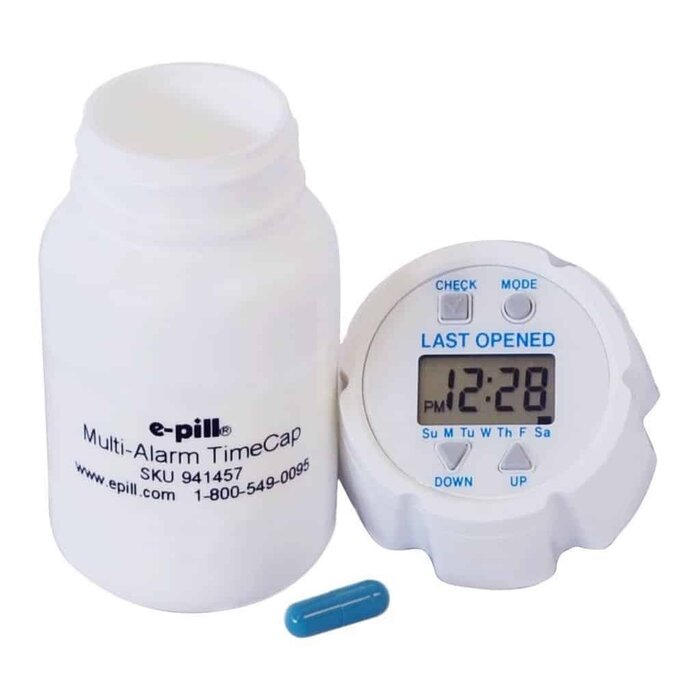 Pillbox with 24 alarms and 'last opened' notification