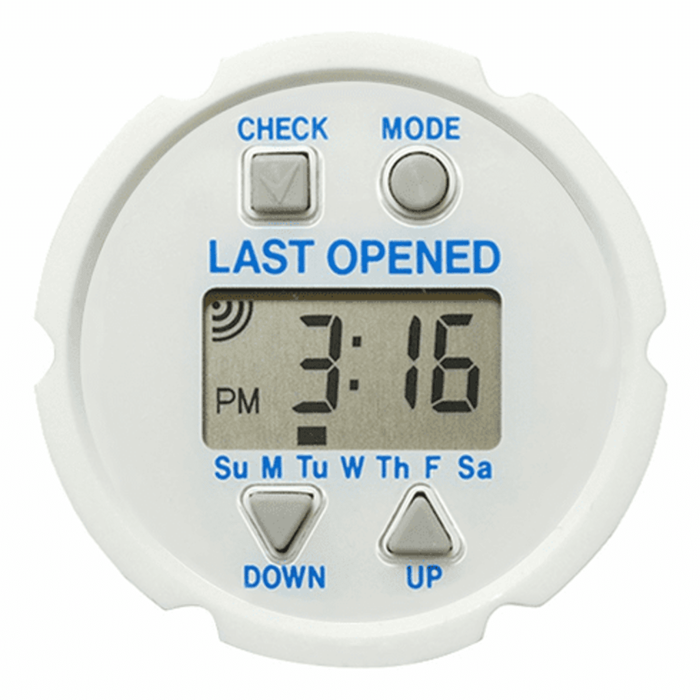 Pillbox with 24 alarms and 'last opened' notification