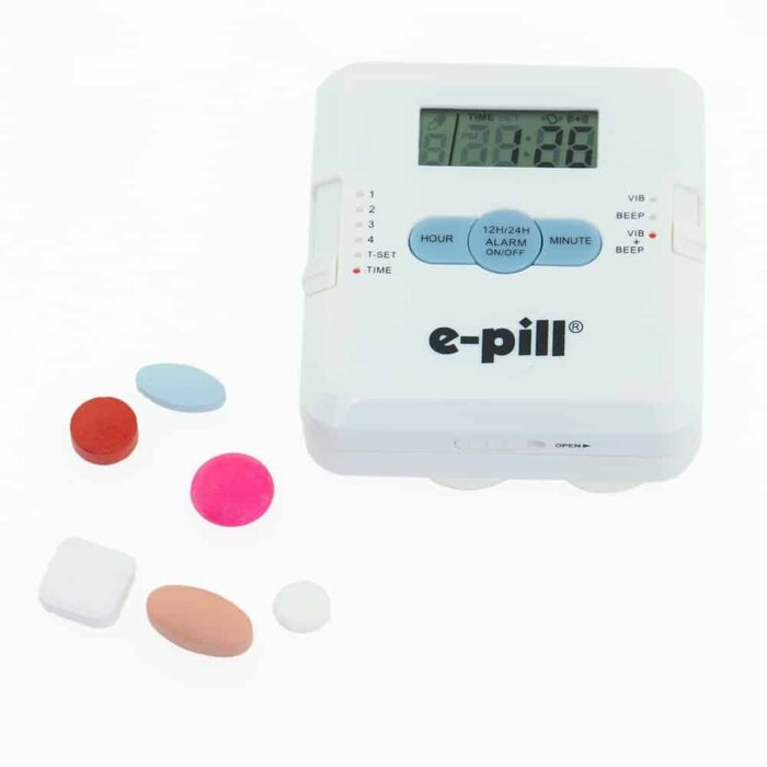 Pill box with 4 sound and/or vibration alarms and 4 medicine compartments. E-pill