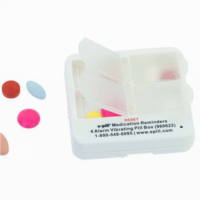 Pill box with 4 sound and/or vibration alarms and 4 medicine compartments. E-pill