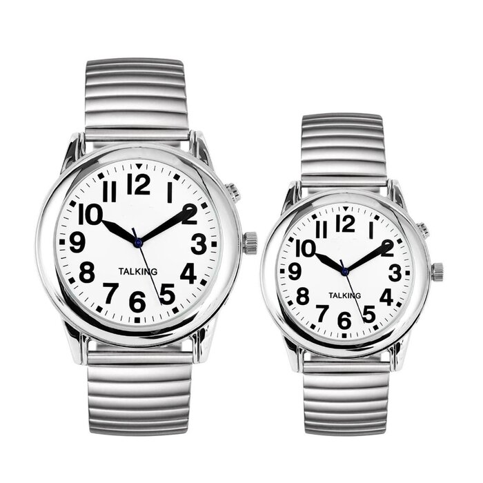 Montre analogique néerlandophone avec bracelet extensible en acier et 1 alarme - malvoyants (modèle femme/homme)