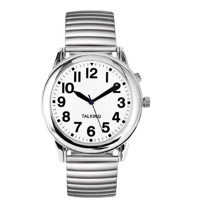 Montre analogique néerlandophone avec bracelet extensible en acier et 1 alarme - malvoyants (modèle femme/homme)