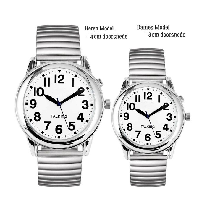 Montre analogique néerlandophone avec bracelet extensible en acier et 1 alarme - malvoyants (modèle femme/homme)