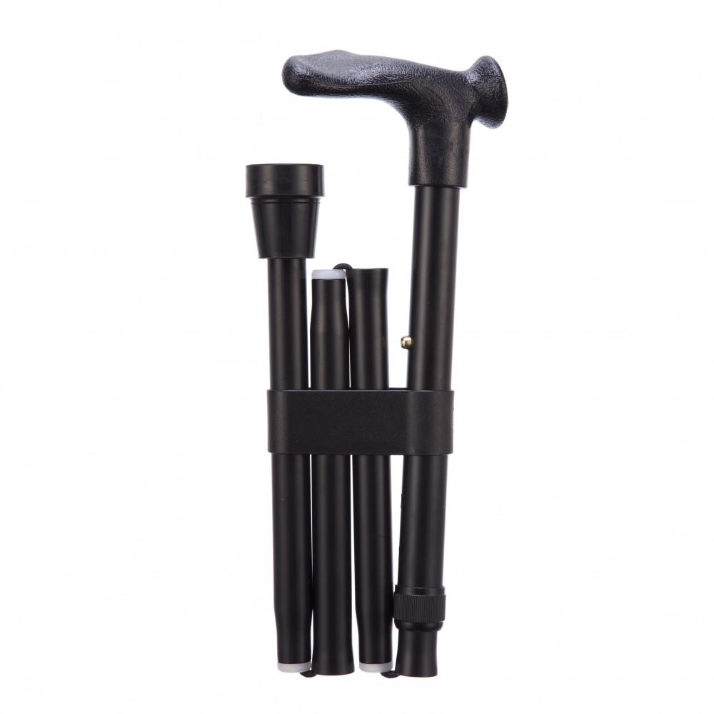 Folding walking stick comfort grip - black