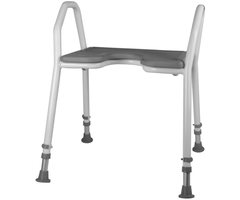 Lightweight aluminum shower chair with ergonomic armrests.