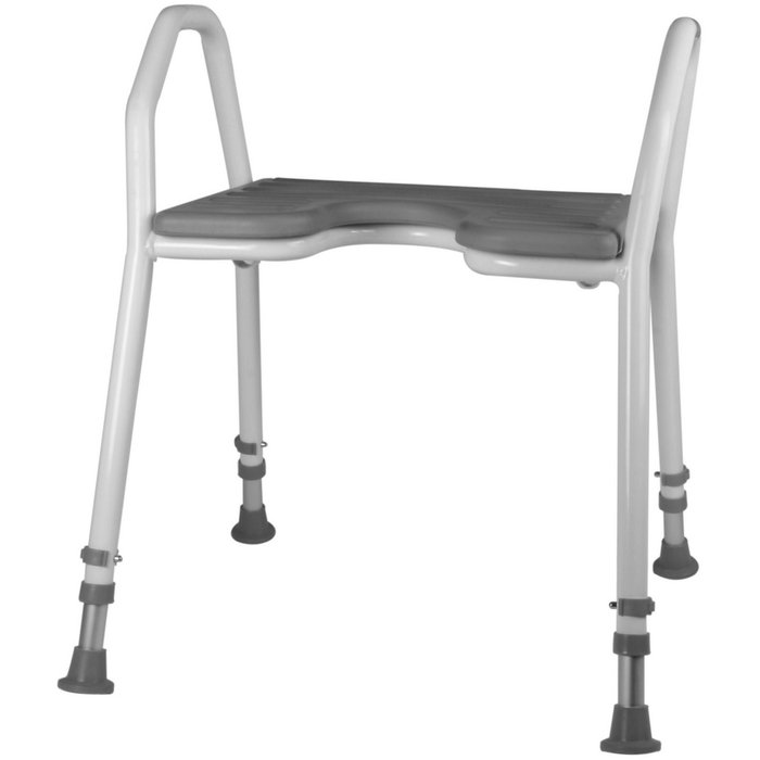 Lightweight aluminum shower chair with ergonomic armrests.