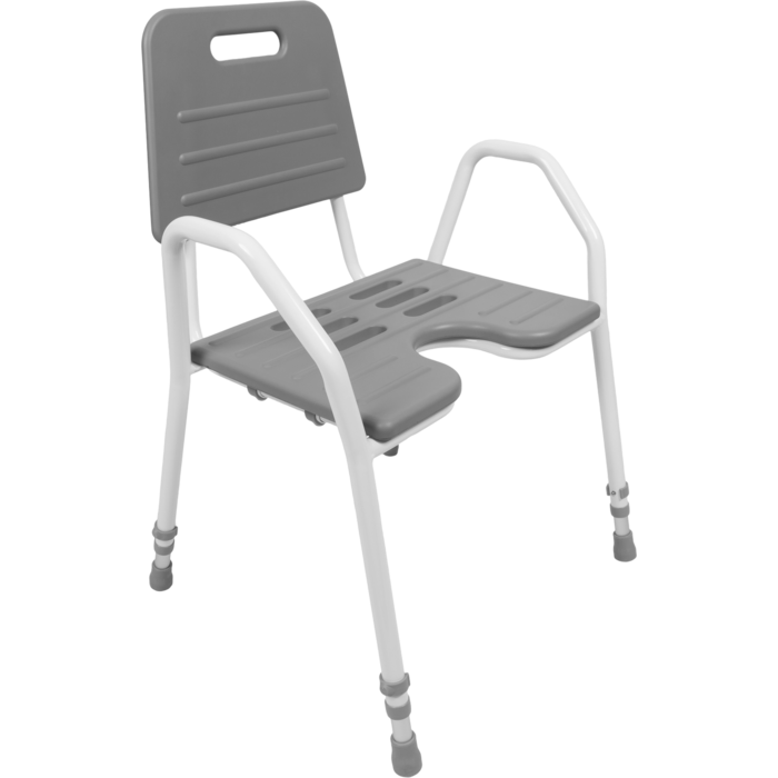 Lightweight aluminum shower chair with ergonomic armrests.
