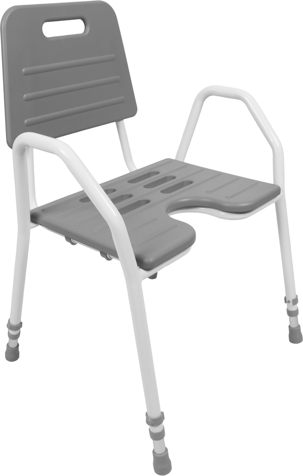 Lightweight aluminum shower chair with ergonomic armrests.