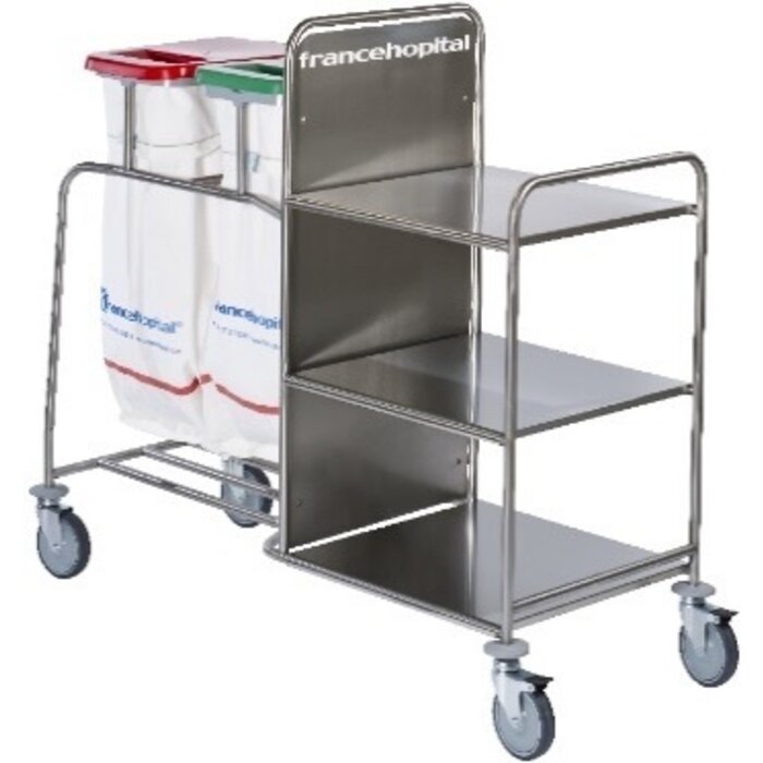 Combi dirty-clean linen trolley with 2 red and green lids and 2 pedals