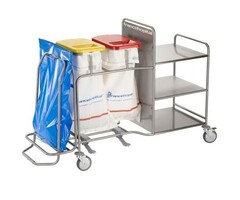 Combination trolley with 3 shelves, 1 Wasty holder, 2 bag holders with white lids and 2 pedals
