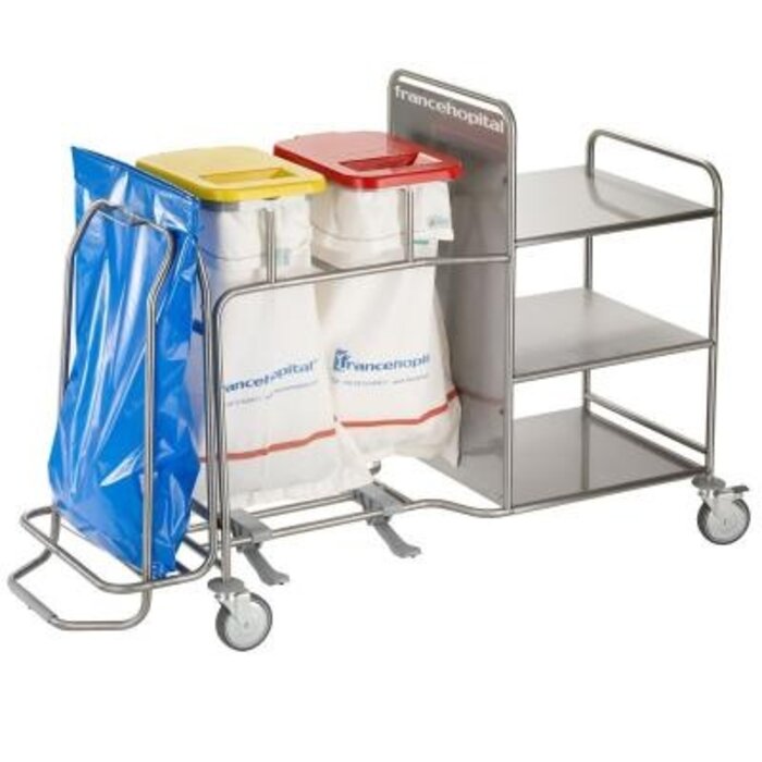 Combination trolley with 3 shelves, 1 Wasty holder, 2 bag holders with white lids and 2 pedals