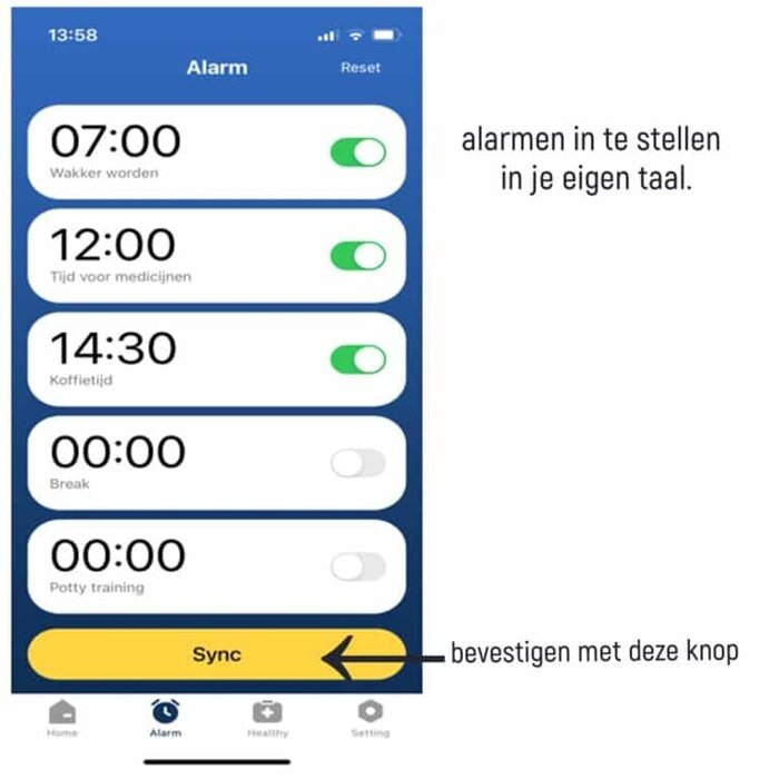 Medicine/urine watch with 8 alarms and extra functions through Bluetooth connection