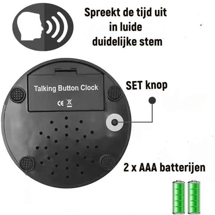 Dutch speaking time button - clear speech - with alarm - small version black/white