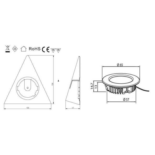 R&M Line Kastverlichting LED driehoek opbouwspot 2.9w 12v DC 2700k warm wit
