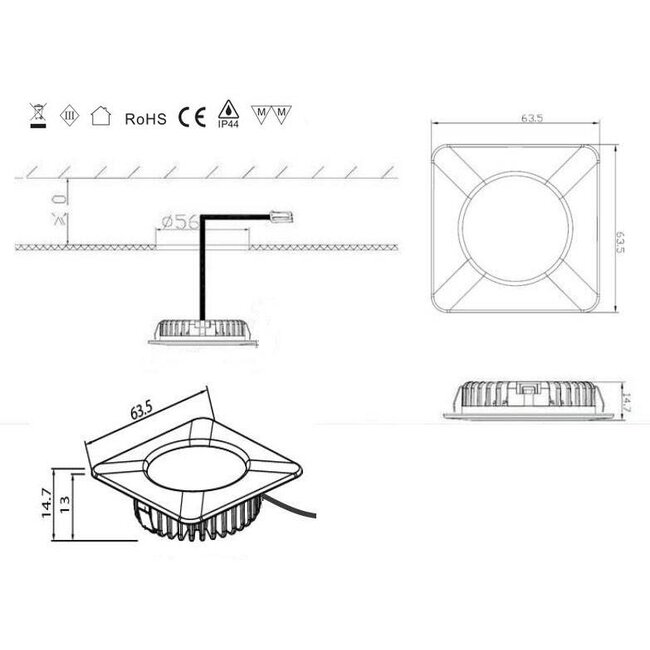 R&M Line LED meubel inbouwspot vierkant 2.6w 12v DC 2700k warm wit