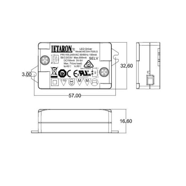 Letaron Led driver CV CC AED04-700ILS 5Vdc 700mA 3,5W