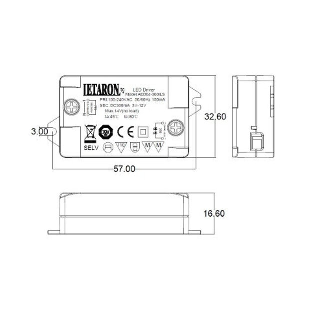 Letaron Led Power Supply CV CC AED04-350ILS 12Vdc 350mA 4W