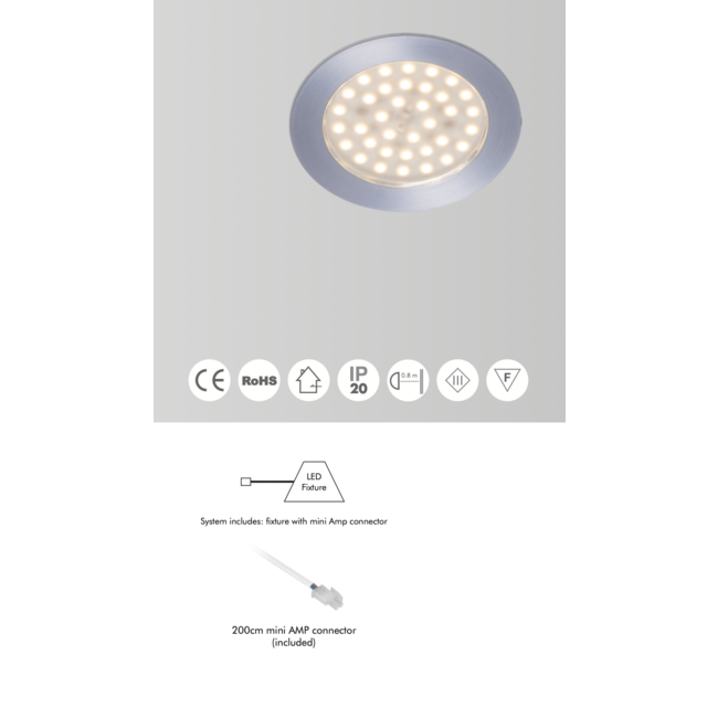 R&M Line LED inbouwspot plat alu 12V DC 3W 3000K warm wit 200cm + AMP