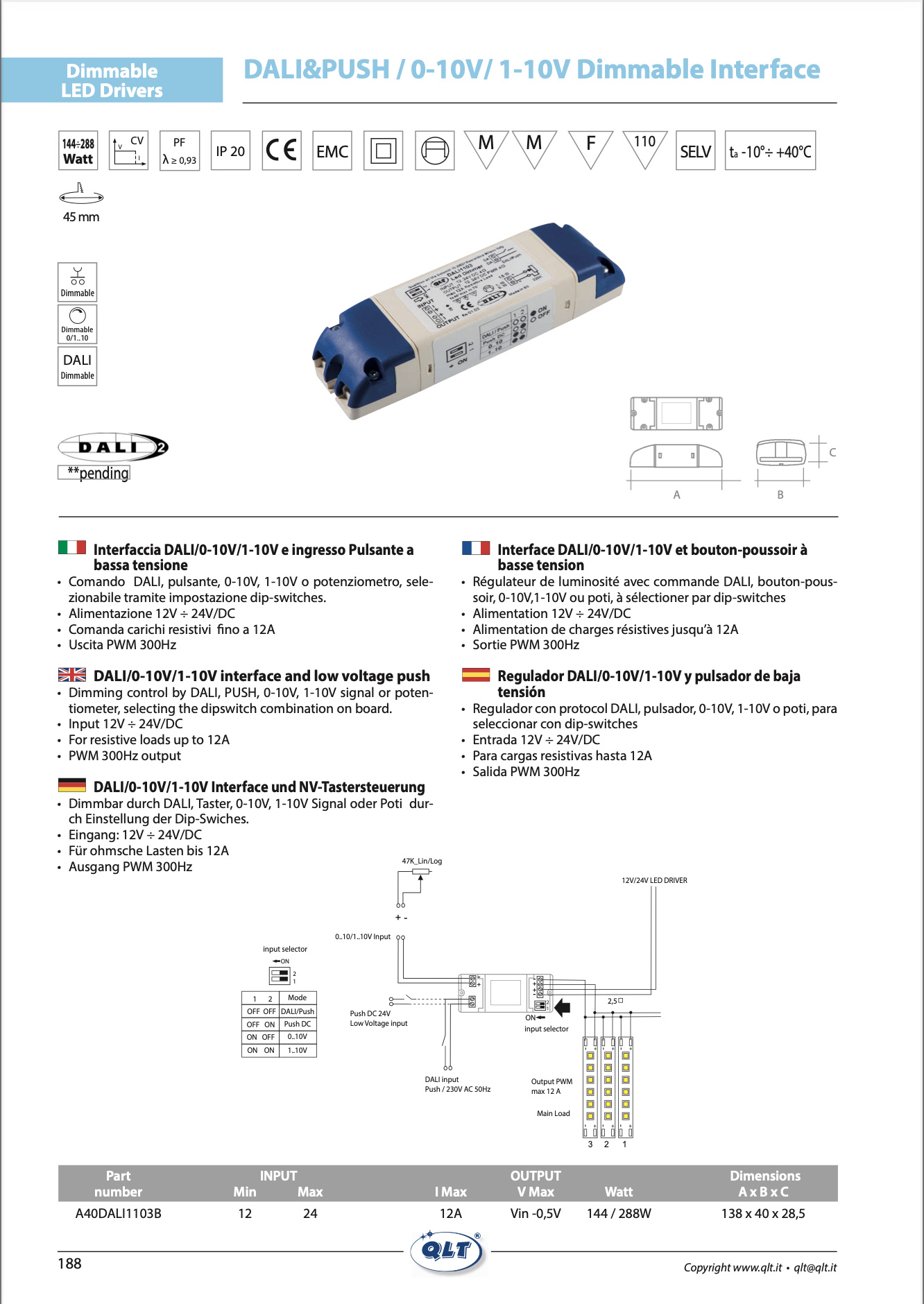 Dimmer Newlab L400 - Pulsante, 0-10V, 1-10V, Potenziometro, DALI