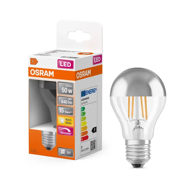 Ledvance /Osram  LED Superstar Classic A 50 Filament Mirror Silver DIM 6.5W 827 Clear E27