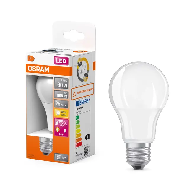 Ledvance /Osram  LED STAR Classic E27 Peer Mat 8.8W 806lm 2700K Zeer Warm Wit met Lichtsensor - Vervangt 60W