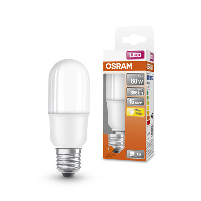 Ledvance /Osram   LED STAR STICK 8W 827 E27 – 806lm – 2700K – Mat – Vervangt 60W – Niet dimbaar